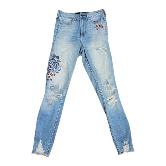 Hollister Ultra High Rise Super Skinny Embroidered Distressed Blue Jeans Size 26 - Picture 1 of 12